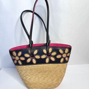 Sonoma Black & Straw Pink-Trim Flower Tote